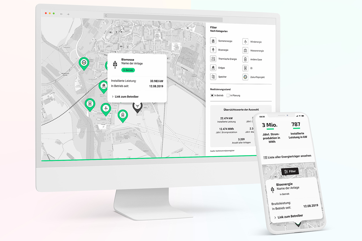 Desktop und Handy mit interaktiver Karte zu Erneuerbare Energien Projekten